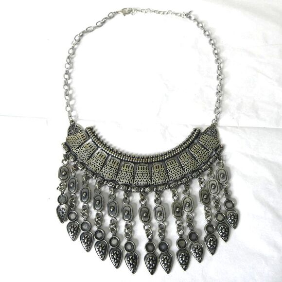 Aztec Tribal Boho Festival Bib Statement Dangle Necklace Silver Tone Charm Bead - Picture 1 of 11